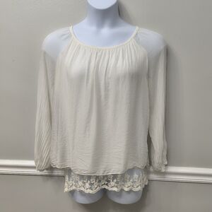 Elena Baldi Medium Embroidered Silk Lace BlouseOff White Sheer Sleeves Lagenlook